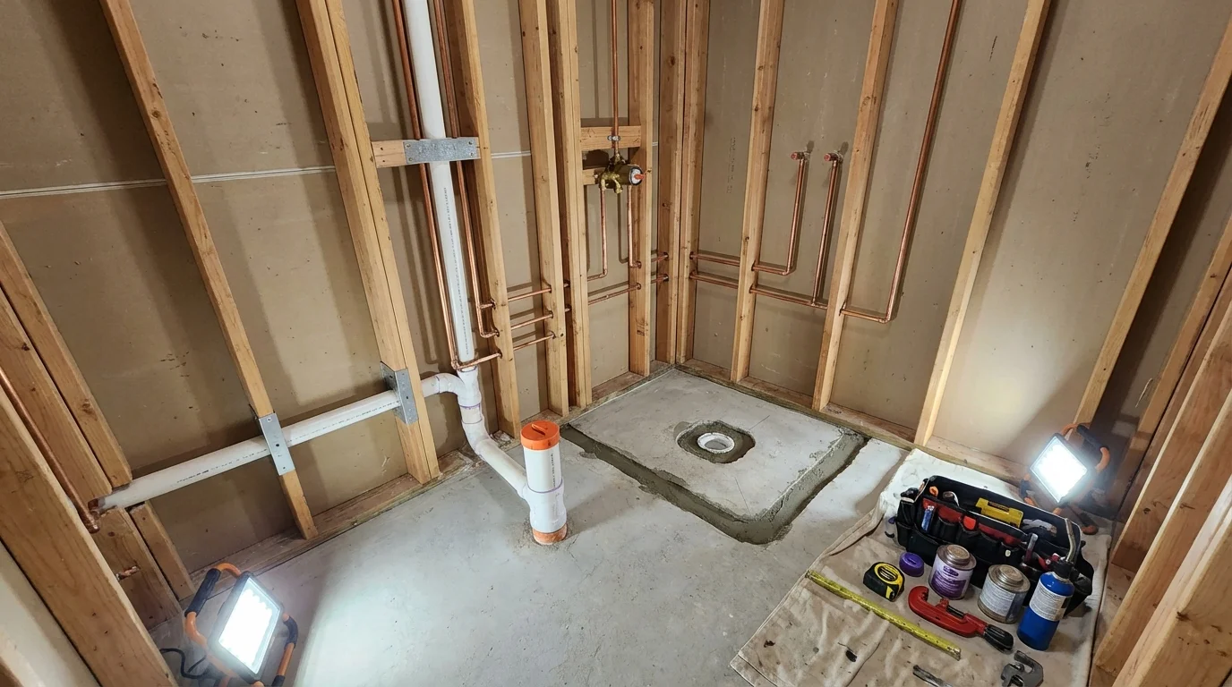 Bathroom rough-in plumbing during remodel by Johns Plumbing LLC in Rancho Mirage