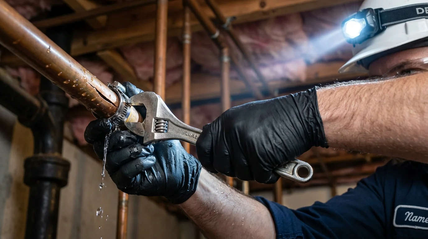Emergency pipe clamp repair being performed by a Johns Plumbing LLC plumber in Rancho Mirage