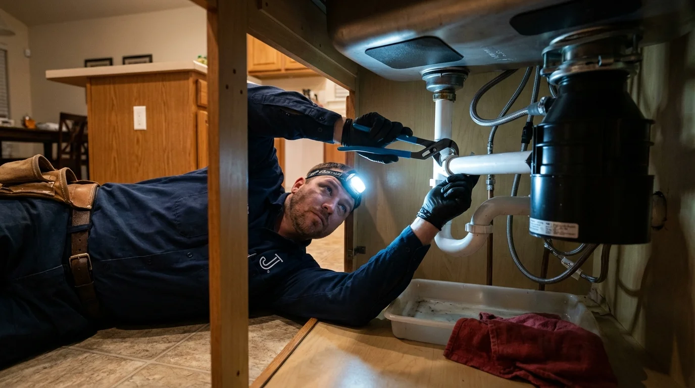 P-trap and supply line connections under a kitchen sink showing a common leak point in Rancho Mirage, CA